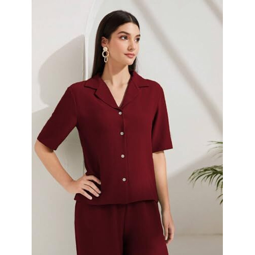 Toplot Women's Solid Color Co-Ord Set | Short Sleeve Top & Wide Leg Pants Coord Set | Casual Wear Co-Ord Set (Pop-Coord-5232-Maroon-S)