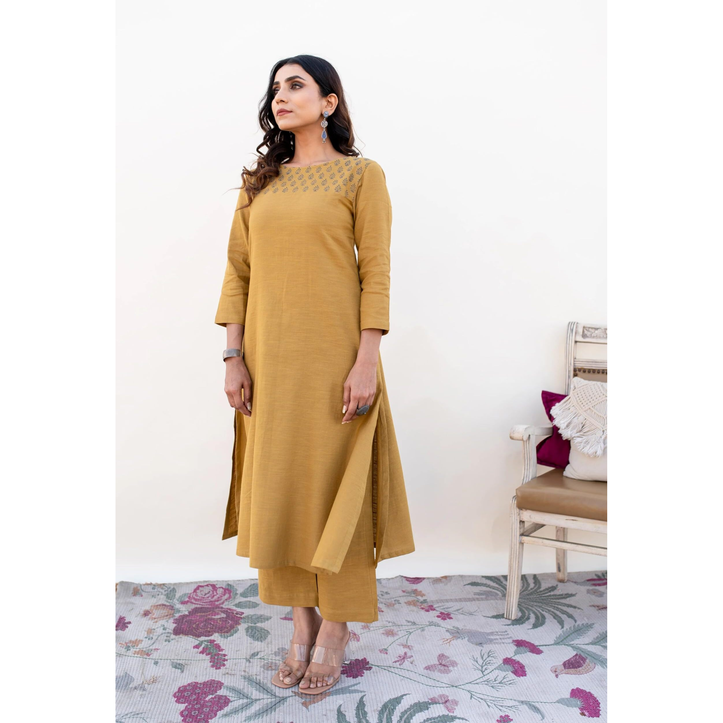 Gosriki Women's Rayon Viscose Printed Straight Kurta With Pant & Dupatta (Purika Yellow-Gs_S_Yellow_Small)