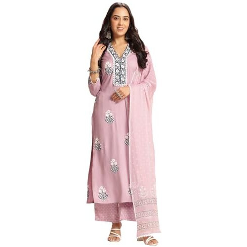 Gosriki Women's Rayon Viscose Printed Straight Kurta With Pant & Dupatta (Belagavi Purple-Vks04-Gs_Xxl_Purple_Xx-Large)