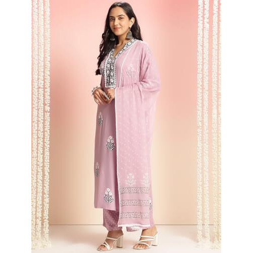 Gosriki Women's Rayon Viscose Printed Straight Kurta With Pant & Dupatta (Belagavi Purple-Vks04-Gs_Xxl_Purple_Xx-Large)