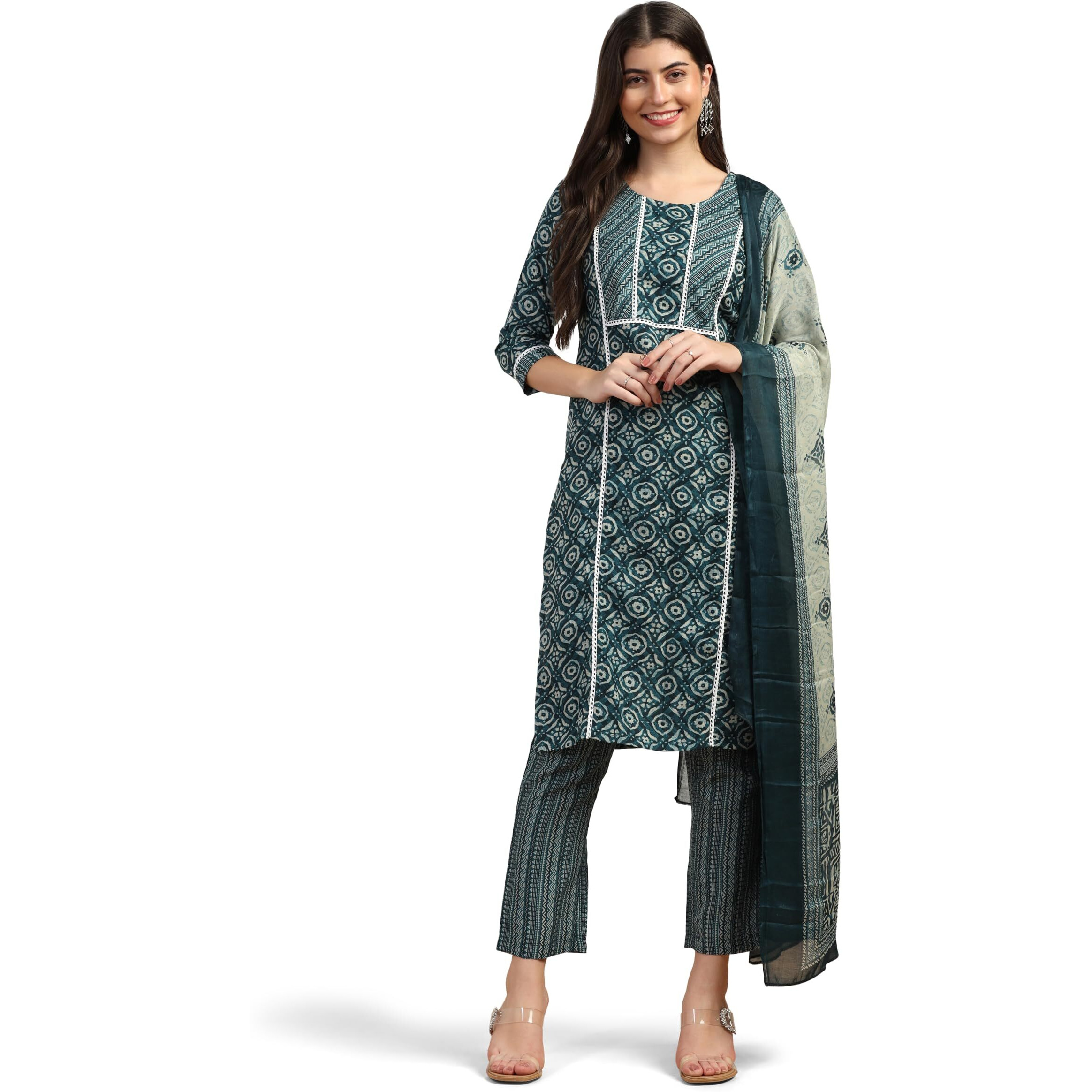 Toplot Women's Printed Straight Kurta With Pant & Dupatta|Kurta Pant Set With Dupatta (Printed-Kurta-Pant-5198-Turquoise-L)