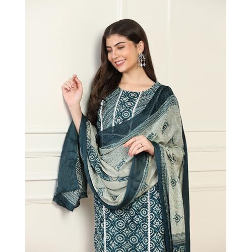 Toplot Women's Printed Straight Kurta With Pant & Dupatta|Kurta Pant Set With Dupatta (Printed-Kurta-Pant-5198-Turquoise-L)