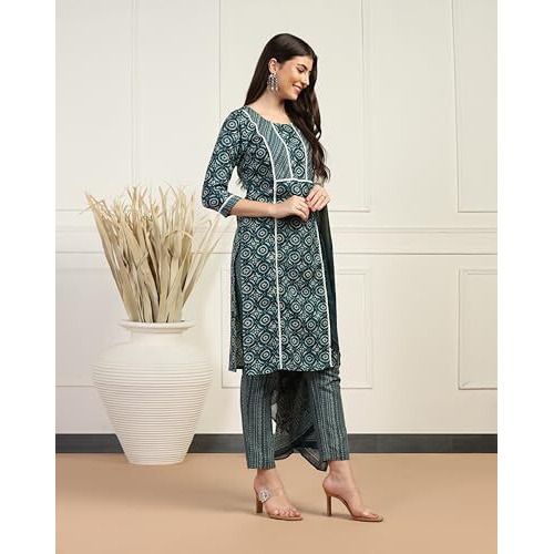 Toplot Women's Printed Straight Kurta With Pant & Dupatta|Kurta Pant Set With Dupatta (Printed-Kurta-Pant-5198-Turquoise-L)