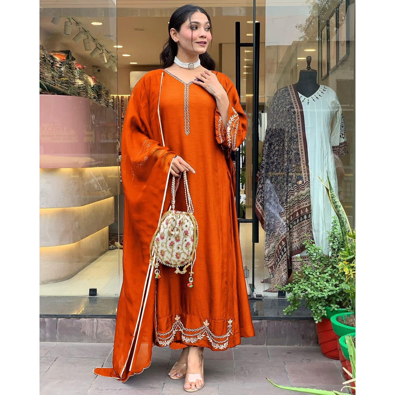 Gosriki Women's Rayon Viscose Anarkali Embroidered Kurta With Pant & Dupatta (Ranibai Orange-Gs_L_Orange_Large)