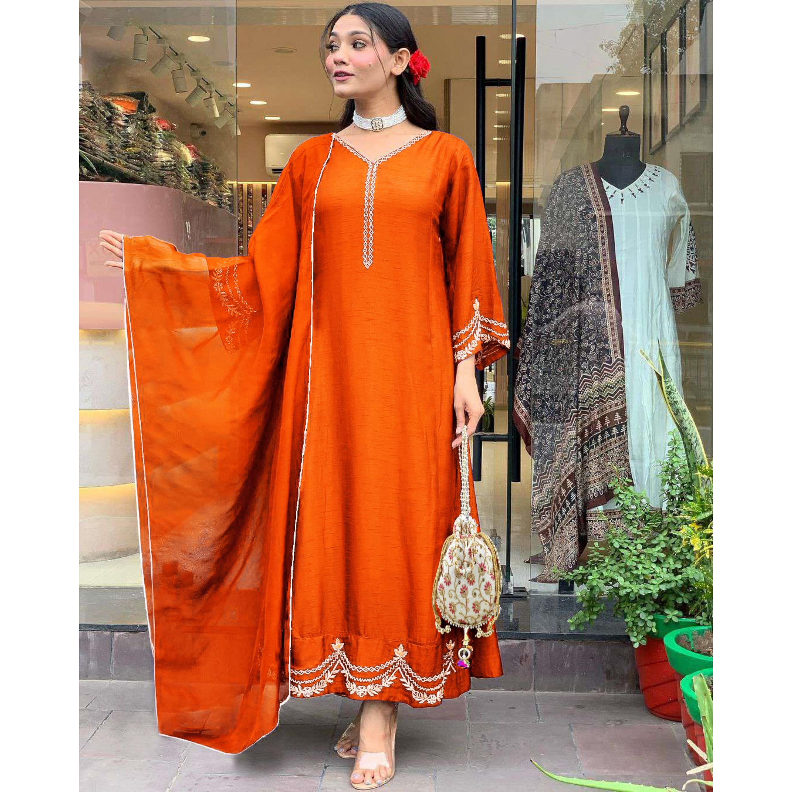 Gosriki Women's Rayon Viscose Anarkali Embroidered Kurta With Pant & Dupatta (Ranibai Orange-Gs_L_Orange_Large)