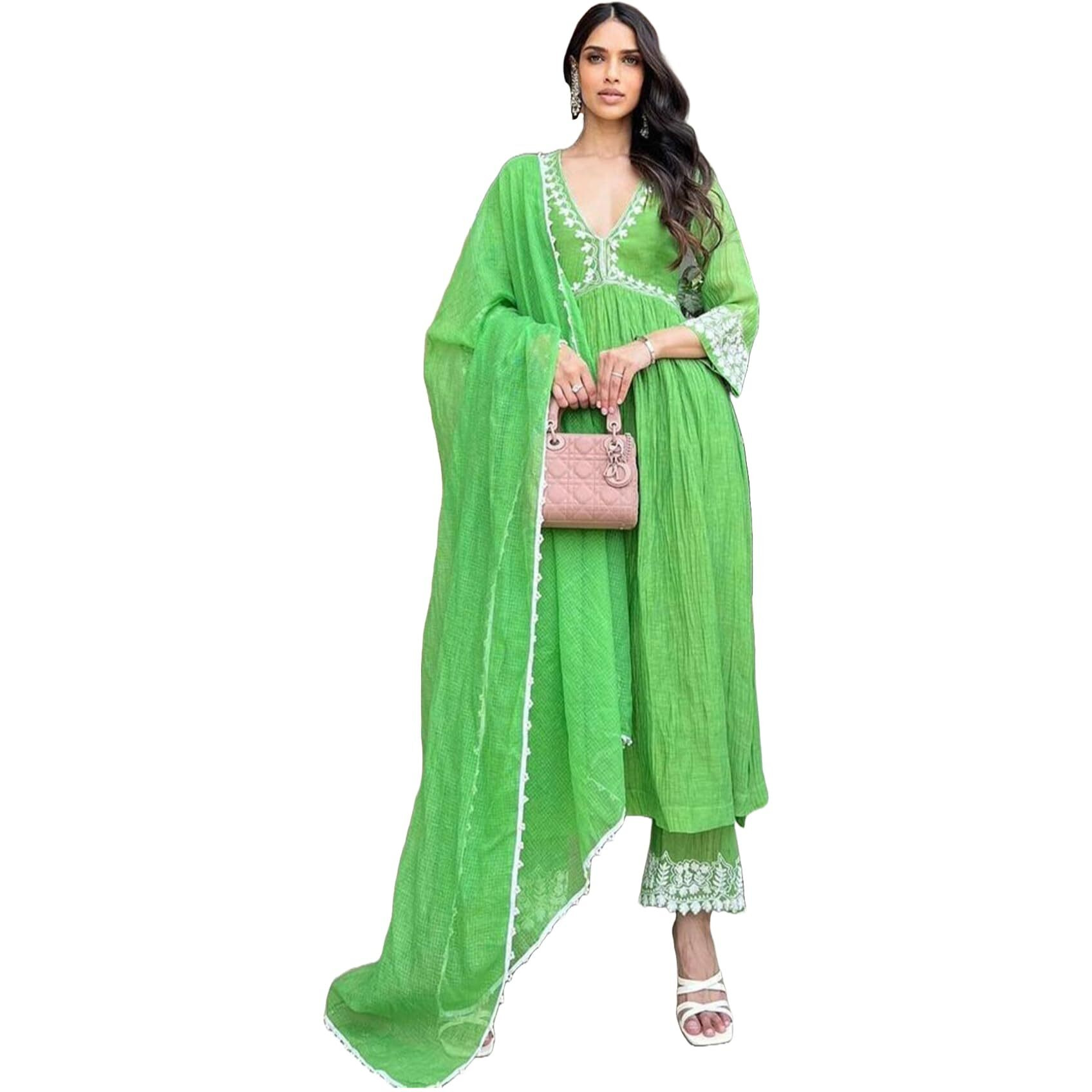 Gosriki Women's Rayon Blend Anarkali Embroidered Kurta With Pant & Dupatta (Niket Green-Gs_L_Green_Large)