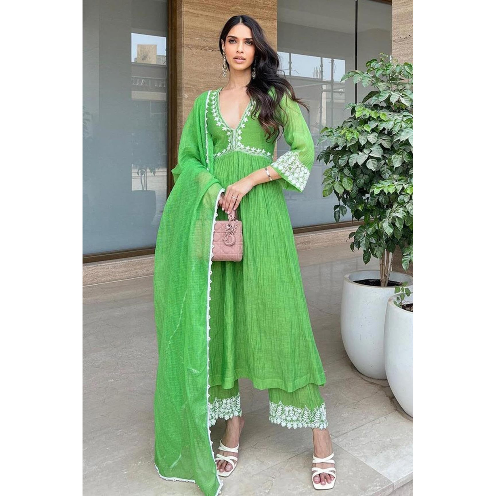 Gosriki Women's Rayon Blend Anarkali Embroidered Kurta With Pant & Dupatta (Niket Green-Gs_L_Green_Large)