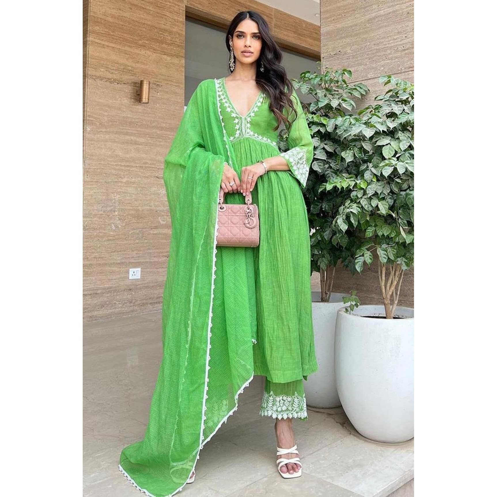 Gosriki Women's Rayon Blend Anarkali Embroidered Kurta With Pant & Dupatta (Niket Green-Gs_L_Green_Large)
