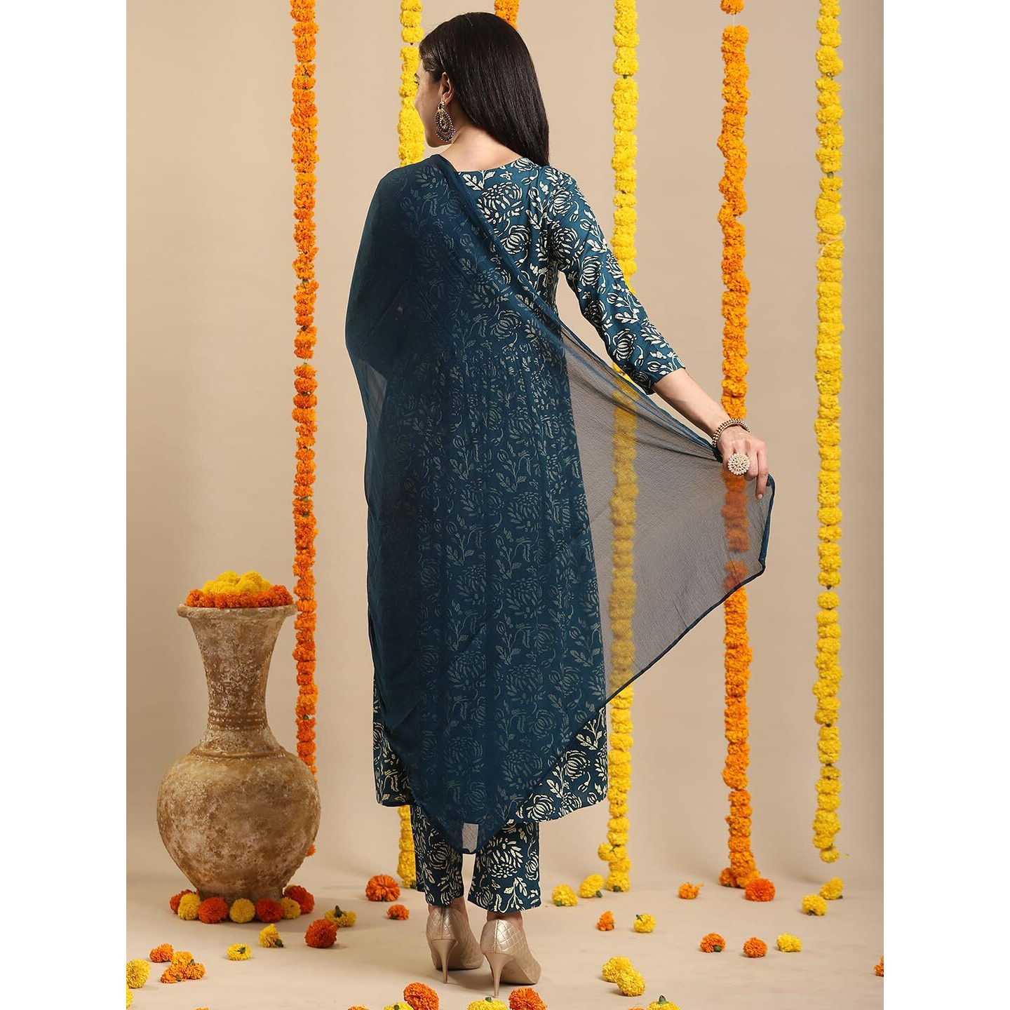 Gosriki Women's Rayon Blend Anarkali Printed Kurta With Pant & Dupatta (Dabu Kerosin-Vks06-Gs_L_Dark Blue_Large)
