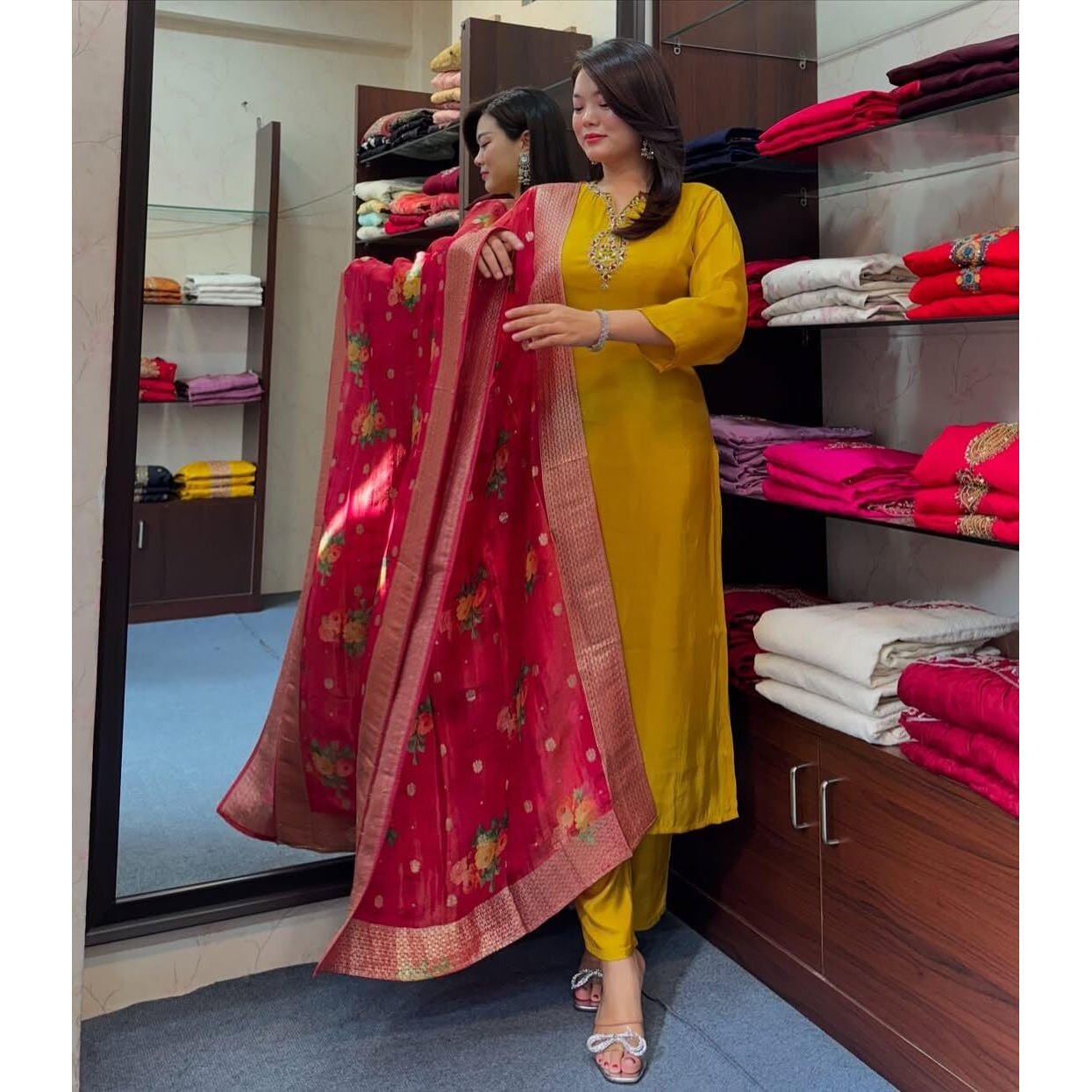Gosriki Women's Rayon Viscose Embroidered Straight Kurta With Pant & Dupatta (Hatbol Yellow-Gs_L_Yellow_Large)