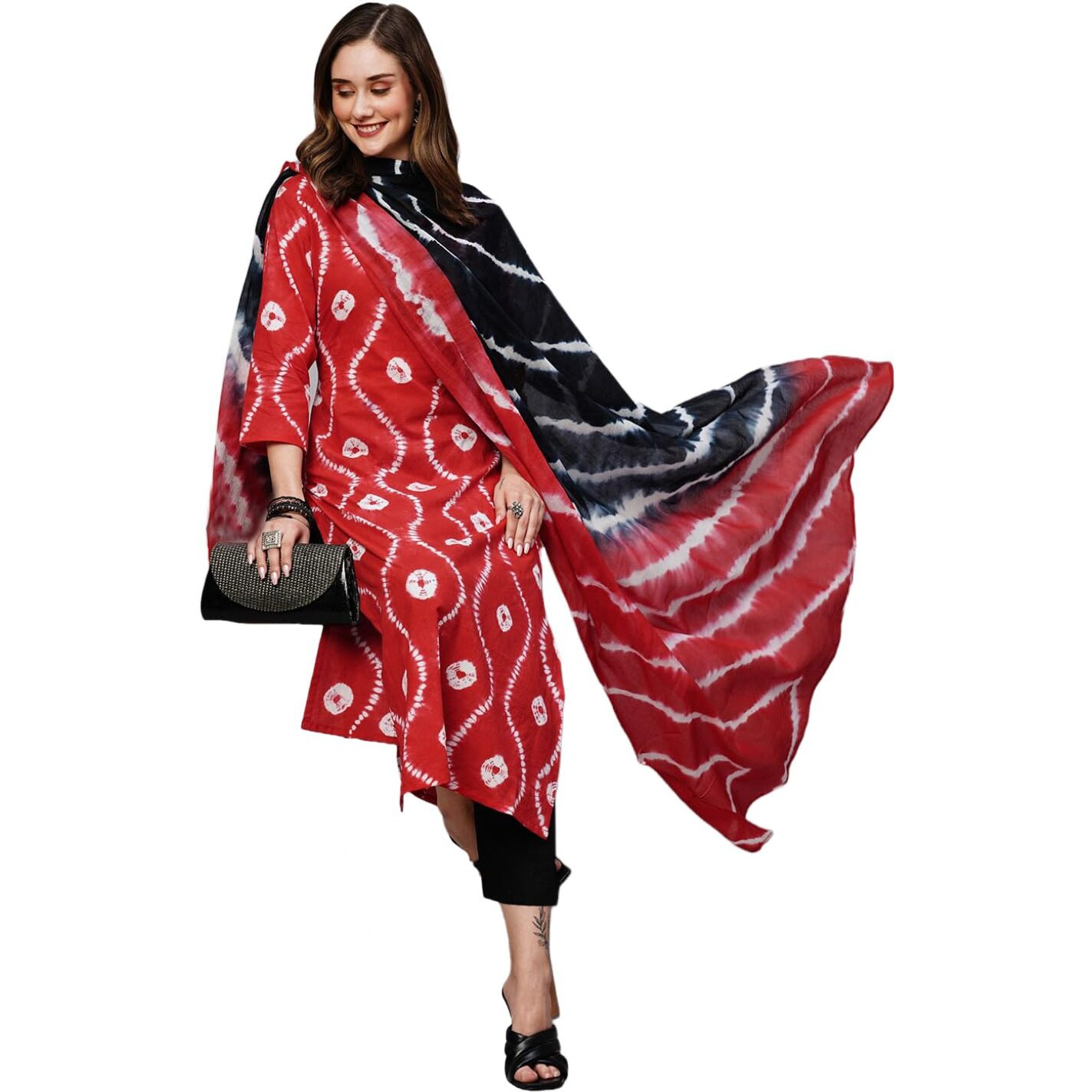 Gosriki Women's Cotton Blend Straight Printed Kurta With Pant & Dupatta (Mayavi Red-Gs_S_Red_Small)