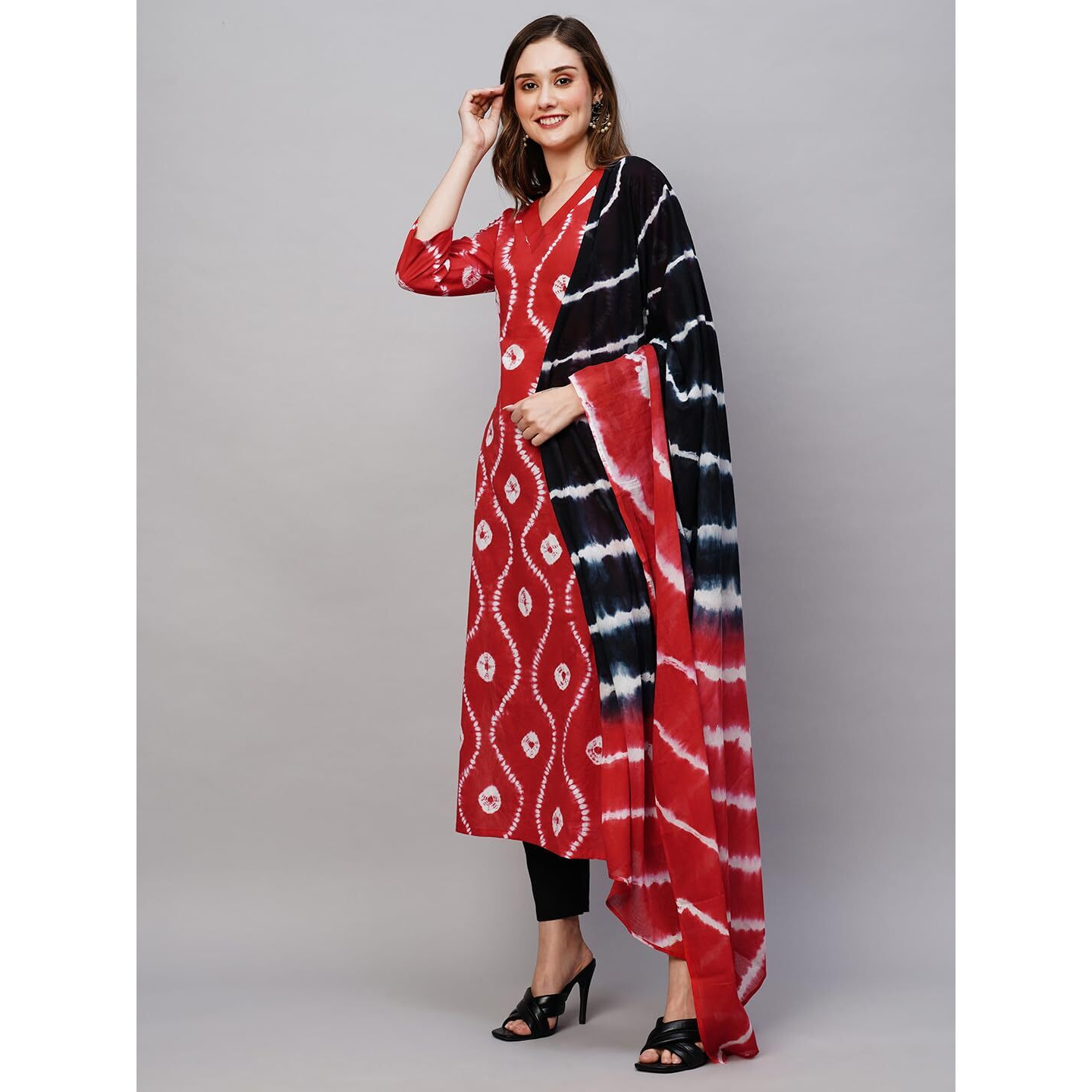 Gosriki Women's Cotton Blend Straight Printed Kurta With Pant & Dupatta (Mayavi Red-Gs_S_Red_Small)