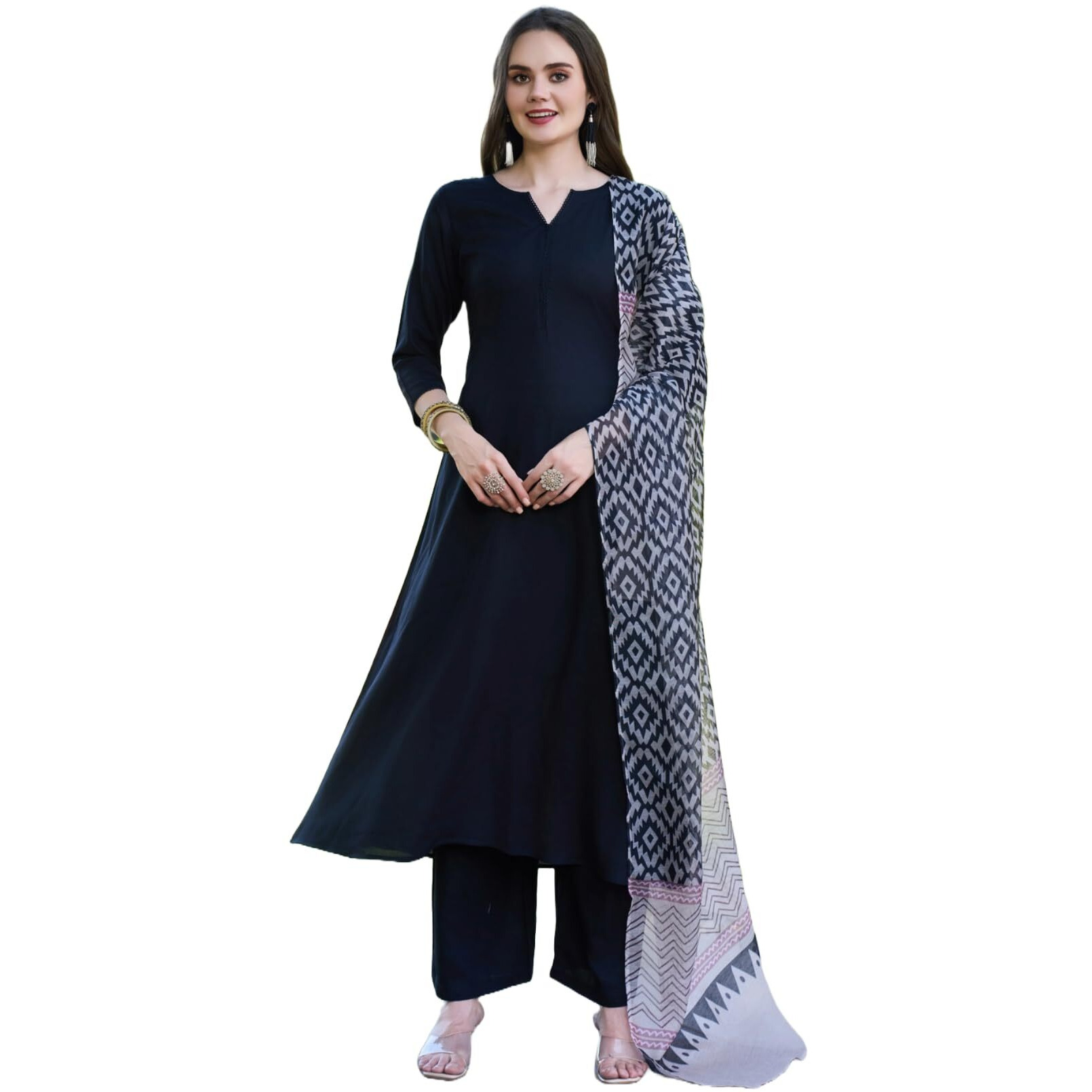 Gosriki Women's Rayon Blend Solid Anarkali Kurta With Pant & Dupatta (Jamana Black-Vks04-Gs_Xxl_Black_Xx-Large)