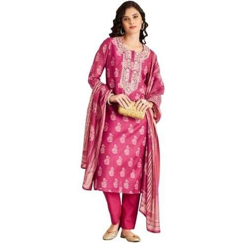 Gosriki Women's Rayon Blend Straight Printed Kurta With Pant & Dupatta (Haritaj Pink-Gs_S_Pink_Small)