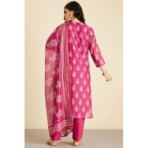 Gosriki Women's Rayon Blend Straight Printed Kurta With Pant & Dupatta (Haritaj Pink-Gs_S_Pink_Small)
