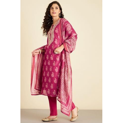 Gosriki Women's Rayon Blend Straight Printed Kurta With Pant & Dupatta (Haritaj Pink-Gs_S_Pink_Small)