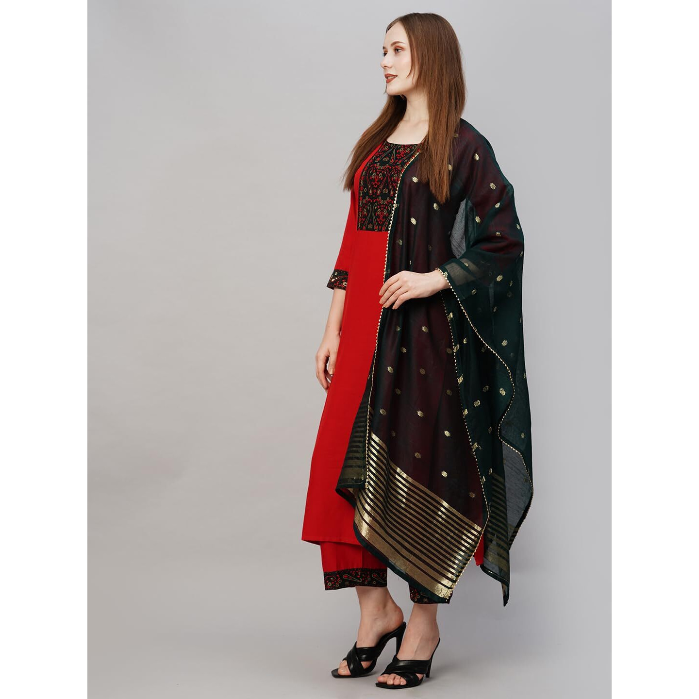 Gosriki Women's Cotton Blend Straight Printed Kurta With Pant & Dupatta (Puju Red-Gs_M_Red_Medium)