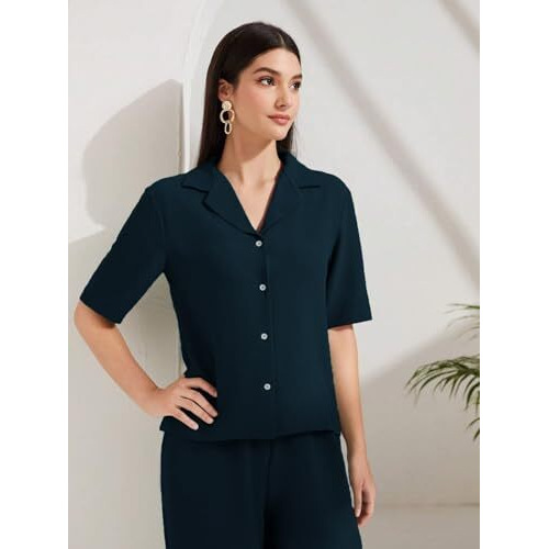 Toplot Women's Solid Color Co-Ord Set | Short Sleeve Top & Wide Leg Pants Coord Set | Casual Wear Co-Ord Set (Pop-Coord-5232-Teal-Xs)