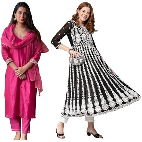 Gosriki Women's Embroidered Kurti & Kurti Pant Dupatta Set Combo Pack Of 2 (Baghicha Rani & Kari Black-Gs_5Xl_Multi_Xxxxx-Large)