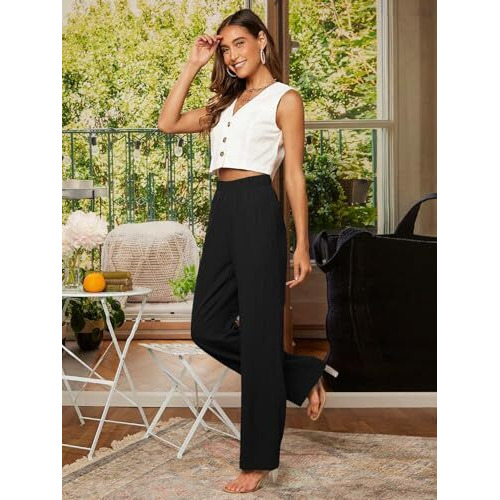 Toplot Womens High-Waisted Trousers | Tailored Wide-Leg Pants | Casual & Formal Wear | Chic And Elegant Look (Women-Trouser-5230-Black-32)