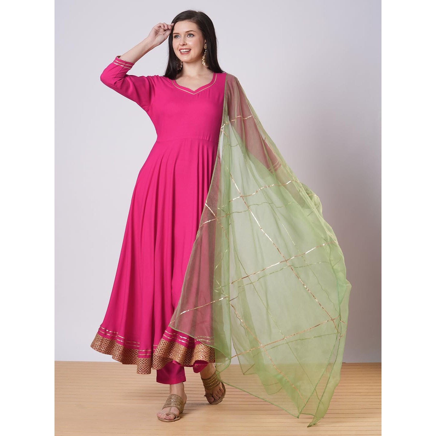 Gosriki Women's Rayon Viscose Solid Anarkali Kurta With Pant & Dupatta (Samda Rani-Vks01-Gs_3Xl_Pink_Xxx-Large)