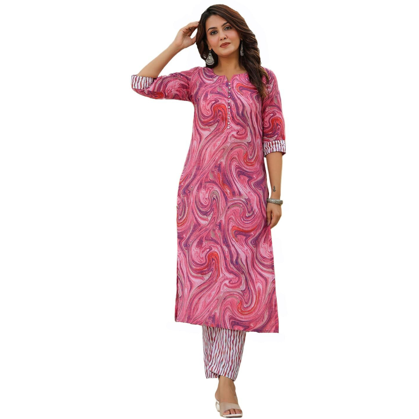 Gosriki Women's Cotton Blend Printed Straight Kurta With Pant (Charan-Rani-Nw-Gs_L_Pink_Large)