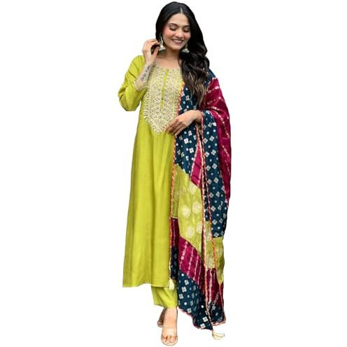 Gosriki Women's Rayon Viscose Embroidered Anarkali Kurta With Pant & Dupatta (Jennu Mehandi-Gs_Xxl_Mehandi_Xx-Large)