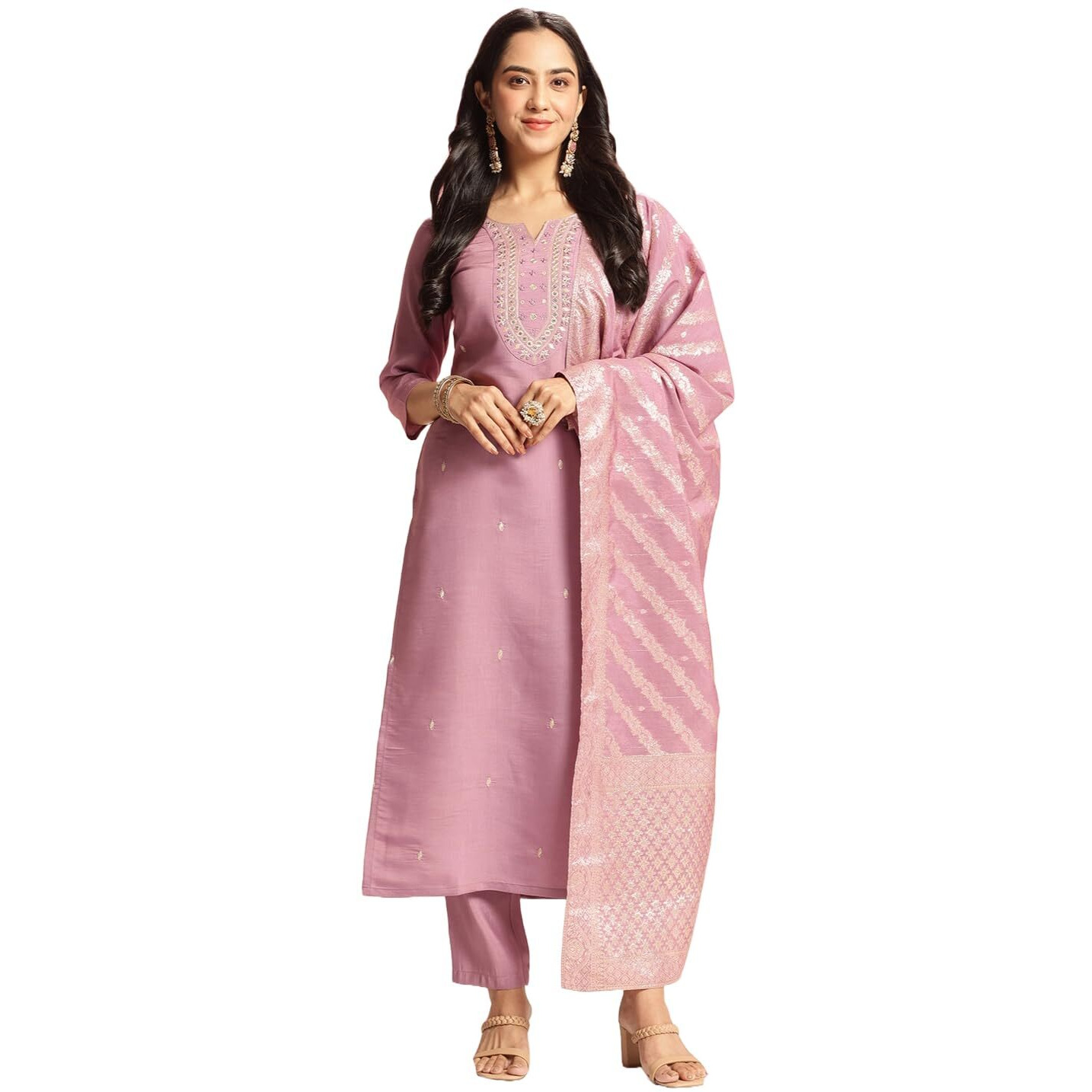 Gosriki Women's Rayon Viscose Embroidered Straight Kurta With Pant & Dupatta (Nagari Purple-Vks01-Gs_S_Purple_Small)