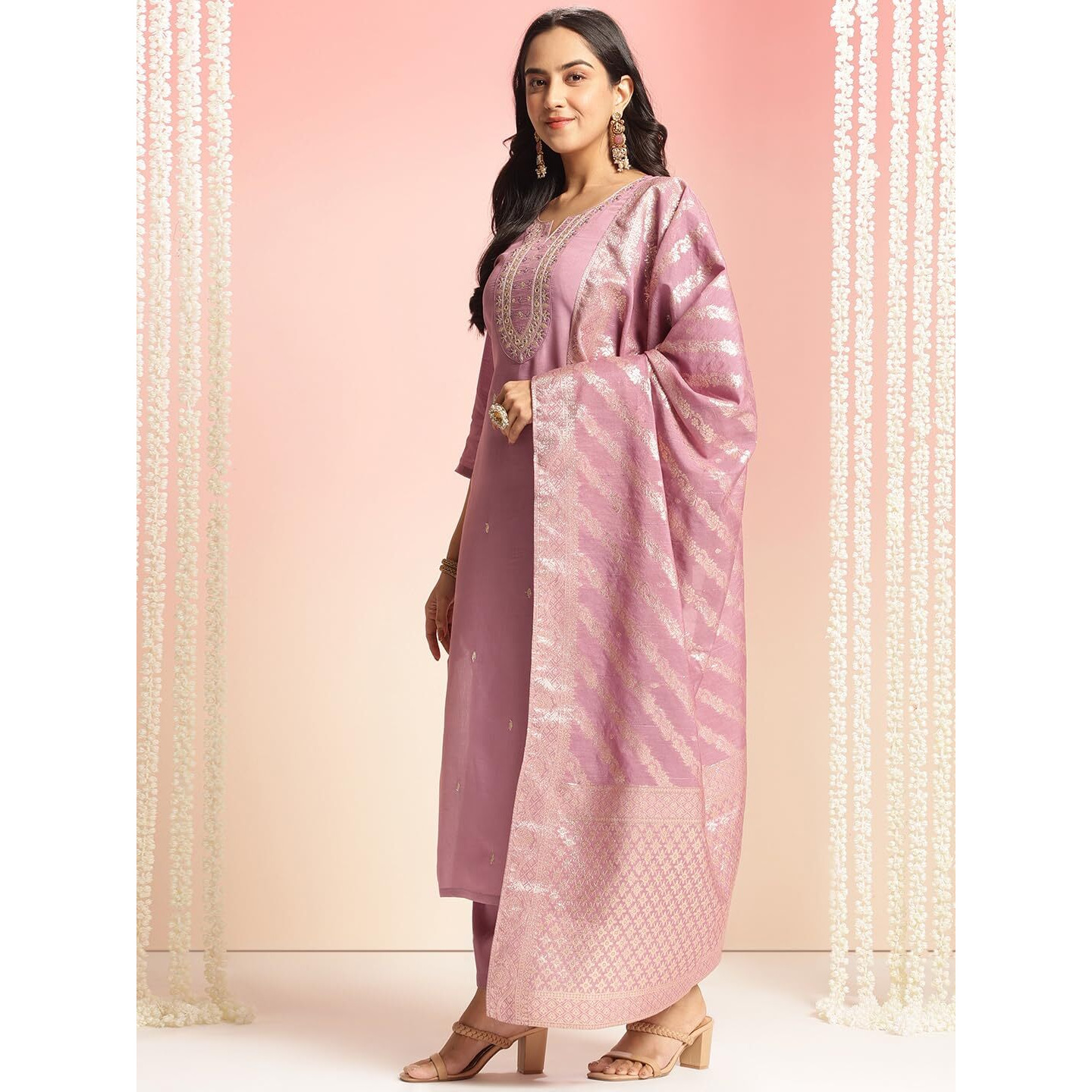Gosriki Women's Rayon Viscose Embroidered Straight Kurta With Pant & Dupatta (Nagari Purple-Vks01-Gs_S_Purple_Small)
