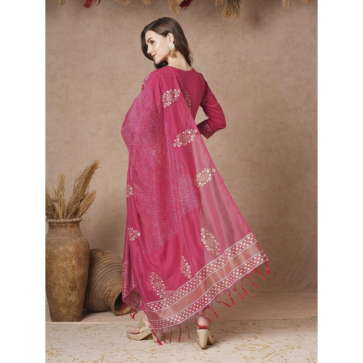Gosriki Women's Rayon Blend Printed Straight Kurta With Pant & Dupatta (Mangai Pink-Vks02-Gs_4Xl_Pink_Xxxx-Large)