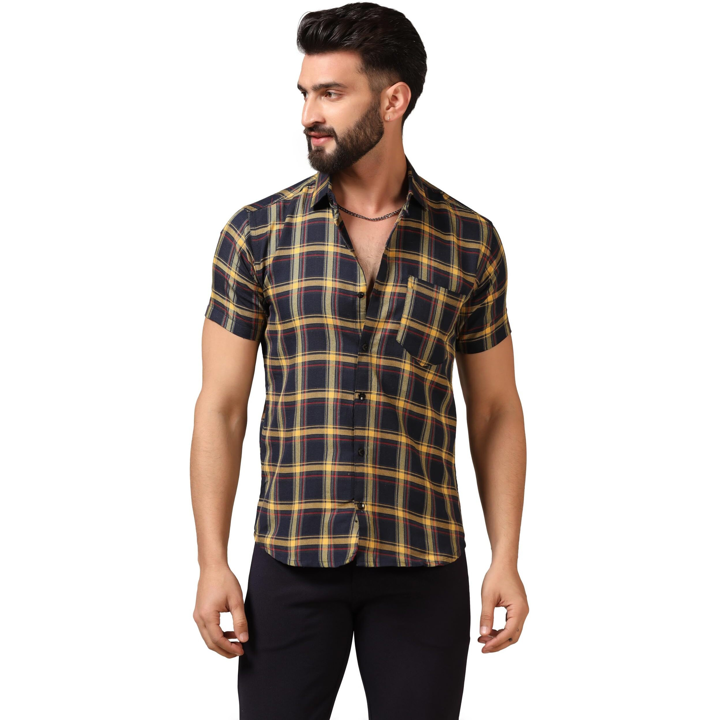 Toplot Men's Regular Fit Casual Shirt Checks Design With Spread Collar & Half Sleeves (Chex-Shirt-5177-Yellow-M)