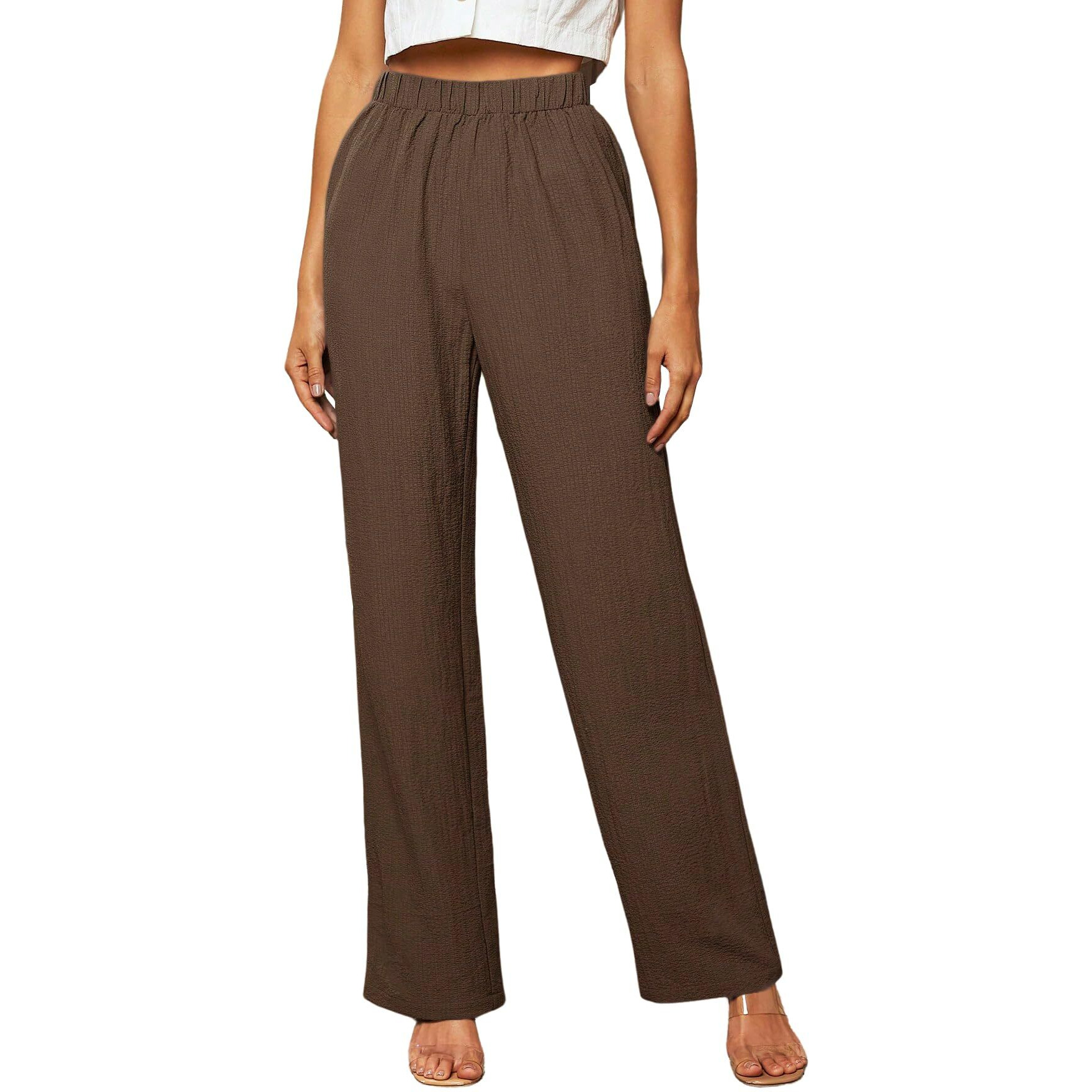 Toplot Womens High-Waisted Trousers | Tailored Wide-Leg Pants | Casual & Formal Wear | Chic And Elegant Look (Women-Trouser-5230-Dark Beige-34)