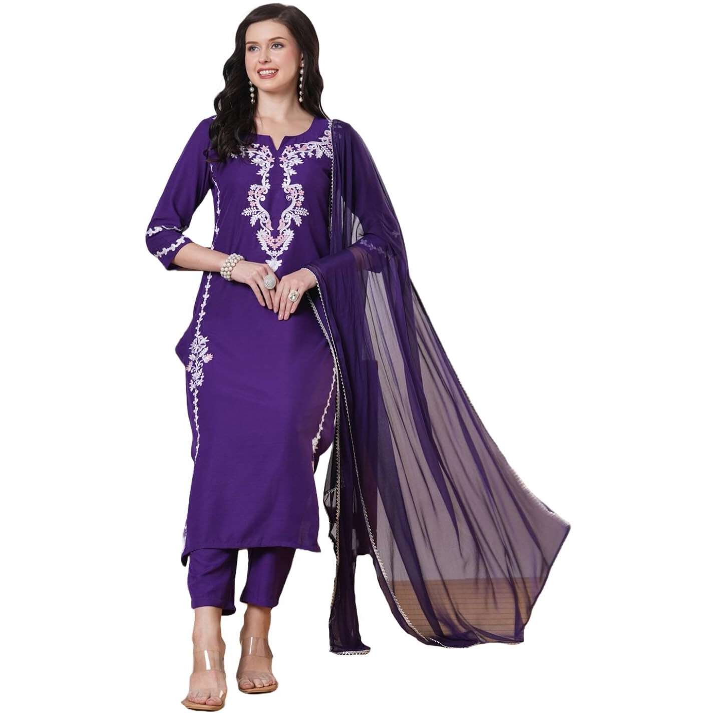 Gosriki Women's Rayon Viscose Embroidered Straight Kurta With Pant & Dupatta (Jayashuda Begani-Vks02-Gs_Xl_Begani_X-Large)