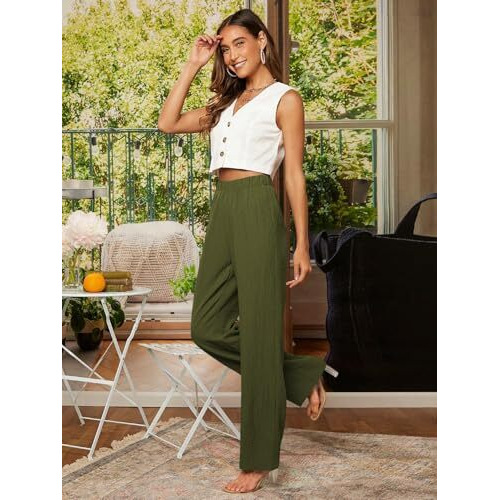 Toplot Womens High-Waisted Trousers | Tailored Wide-Leg Pants | Casual & Formal Wear | Chic And Elegant Look (Women-Trouser-5230-Olive-28)