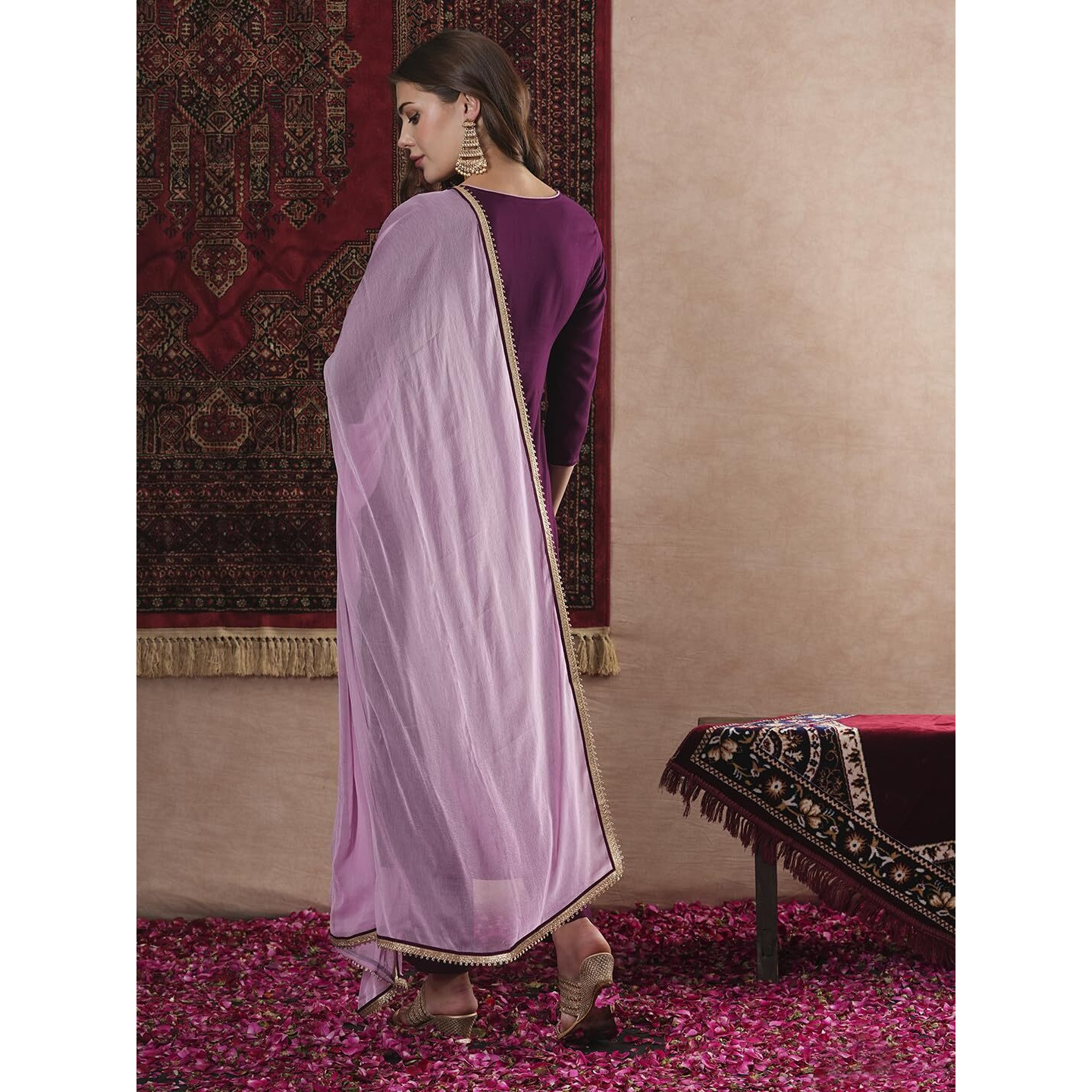 Gosriki Women's Cotton Blend Straight Solid Kurta With Pant & Dupatta (Dhulipala Wine-Vks01-Gs_L_Wine_Large)