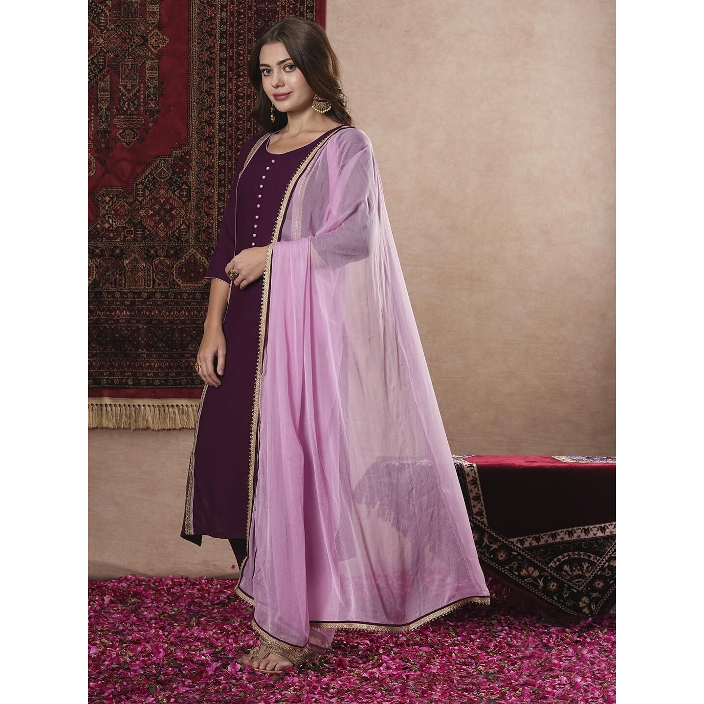 Gosriki Women's Cotton Blend Straight Solid Kurta With Pant & Dupatta (Dhulipala Wine-Vks01-Gs_L_Wine_Large)