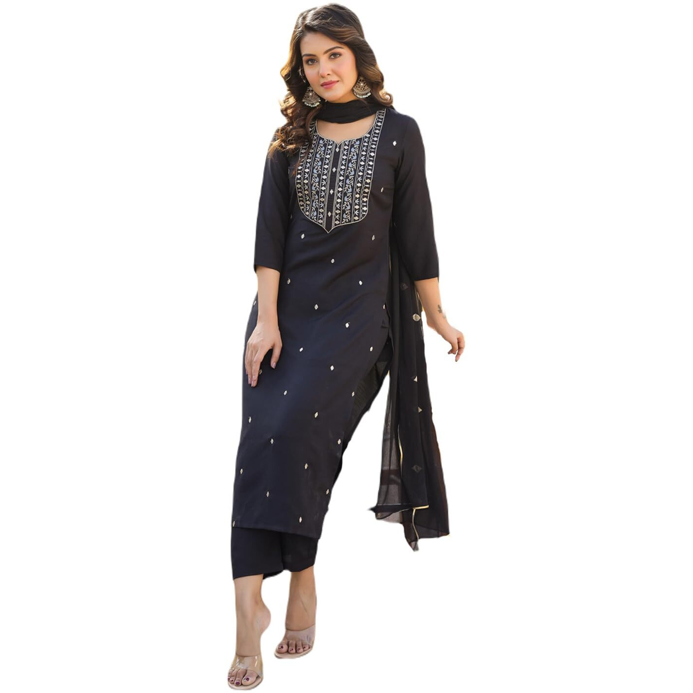 Gosriki Women's Rayon Blend Embroidered Straight Kurta With Pant & Dupatta (Kasturi Black-Gs_Xxl_Black_Xx-Large)