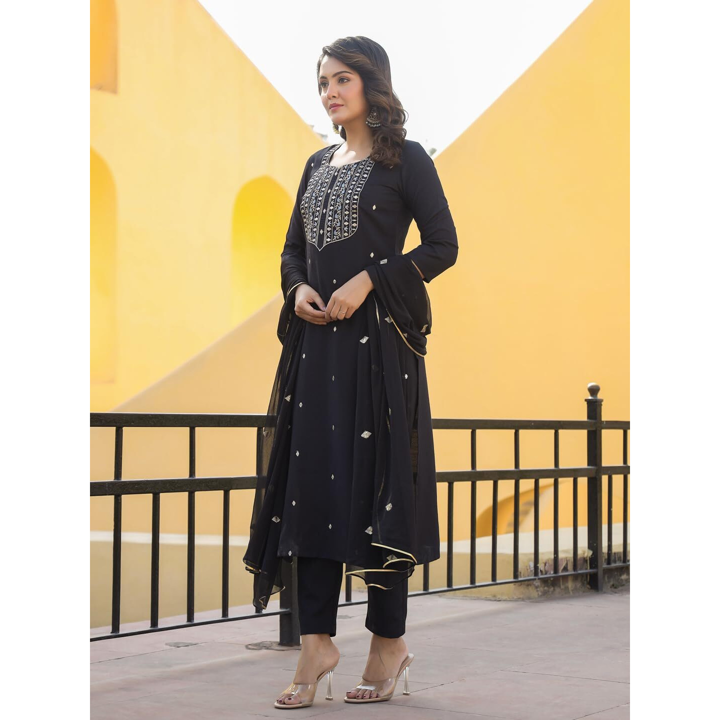 Gosriki Women's Rayon Blend Embroidered Straight Kurta With Pant & Dupatta (Kasturi Black-Gs_Xxl_Black_Xx-Large)