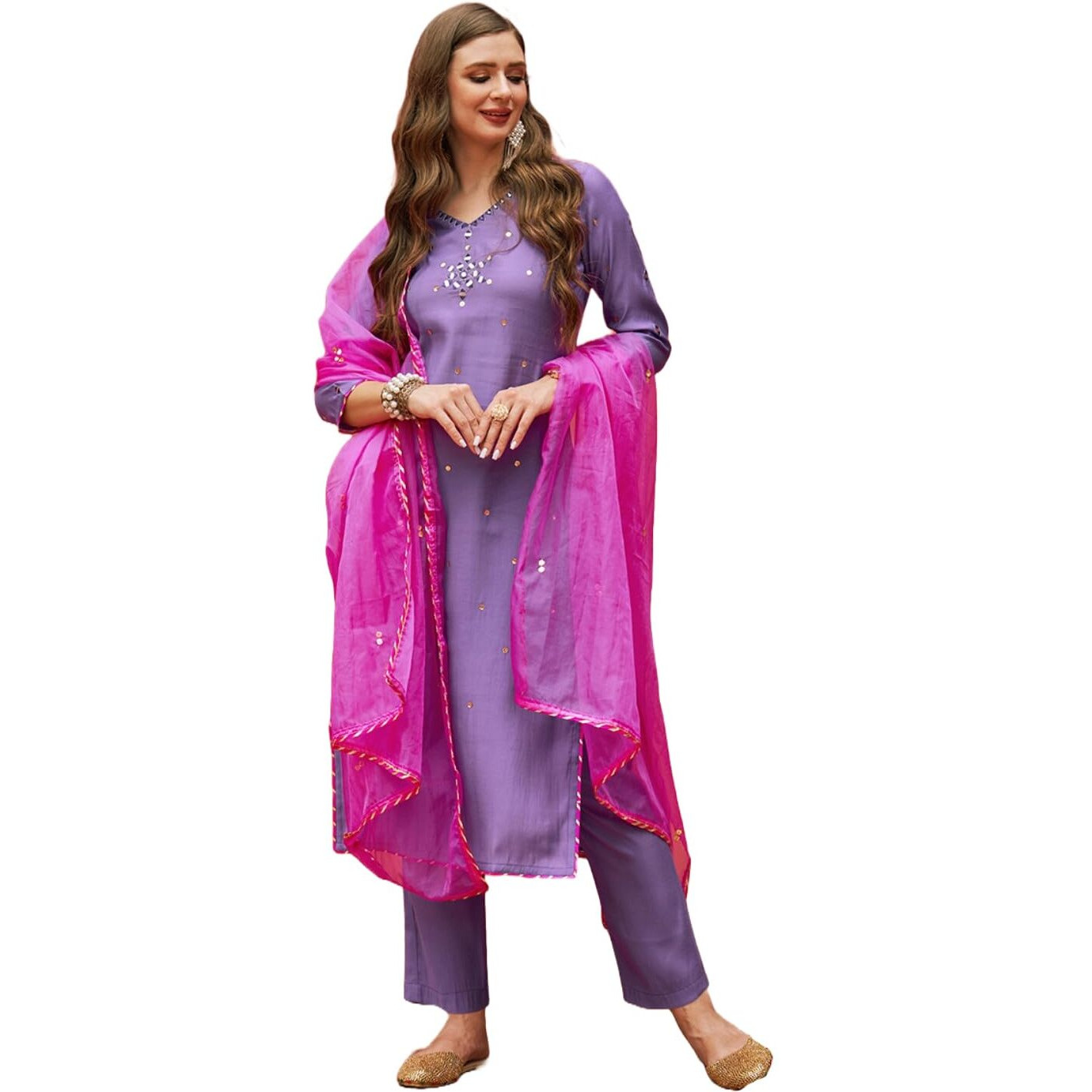 Gosriki Women's Cotton Blend Mirror Work Straight Kurta With Pant & Dupatta (Mirror-Purple-Nw-Gs_Xxl_Purple_Xx-Large)