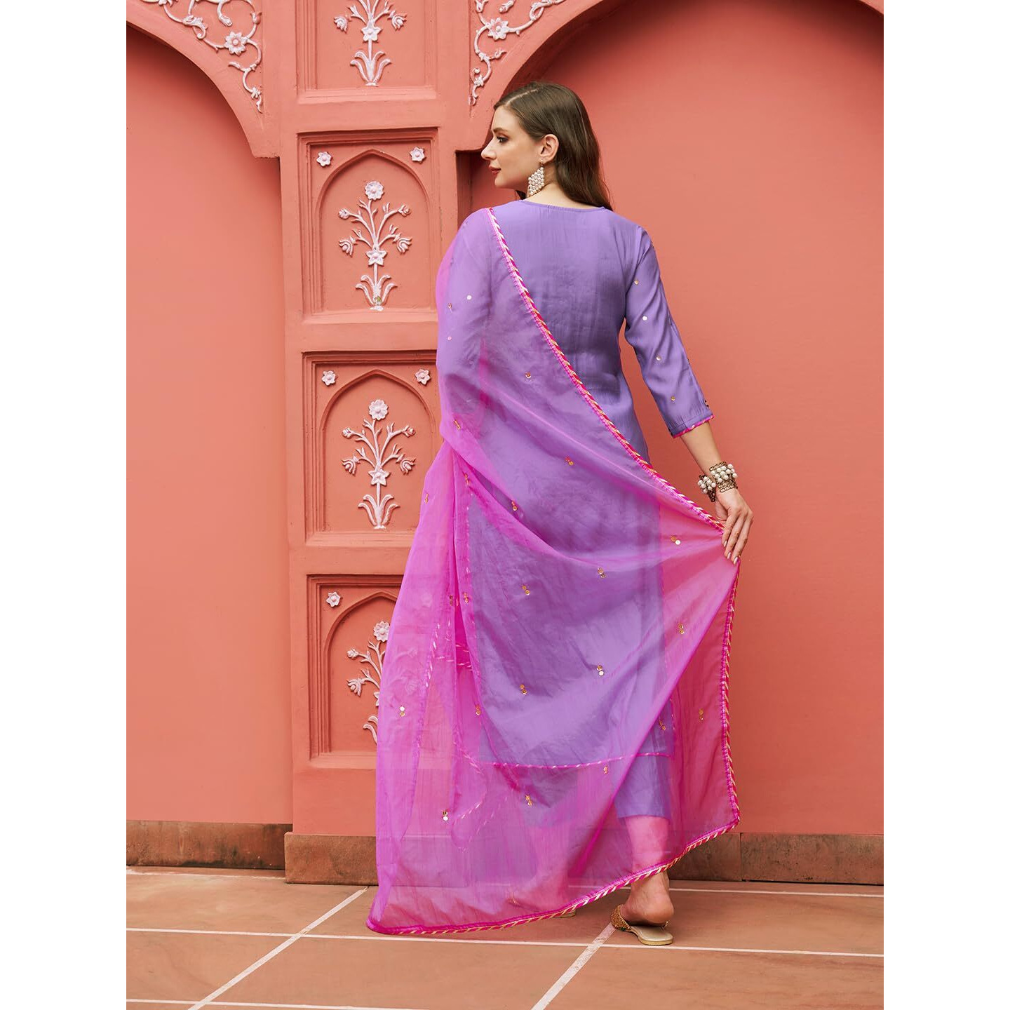 Gosriki Women's Cotton Blend Mirror Work Straight Kurta With Pant & Dupatta (Mirror-Purple-Nw-Gs_Xxl_Purple_Xx-Large)