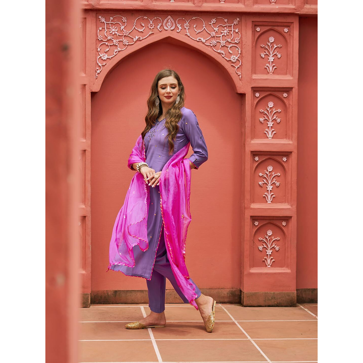 Gosriki Women's Cotton Blend Mirror Work Straight Kurta With Pant & Dupatta (Mirror-Purple-Nw-Gs_Xxl_Purple_Xx-Large)