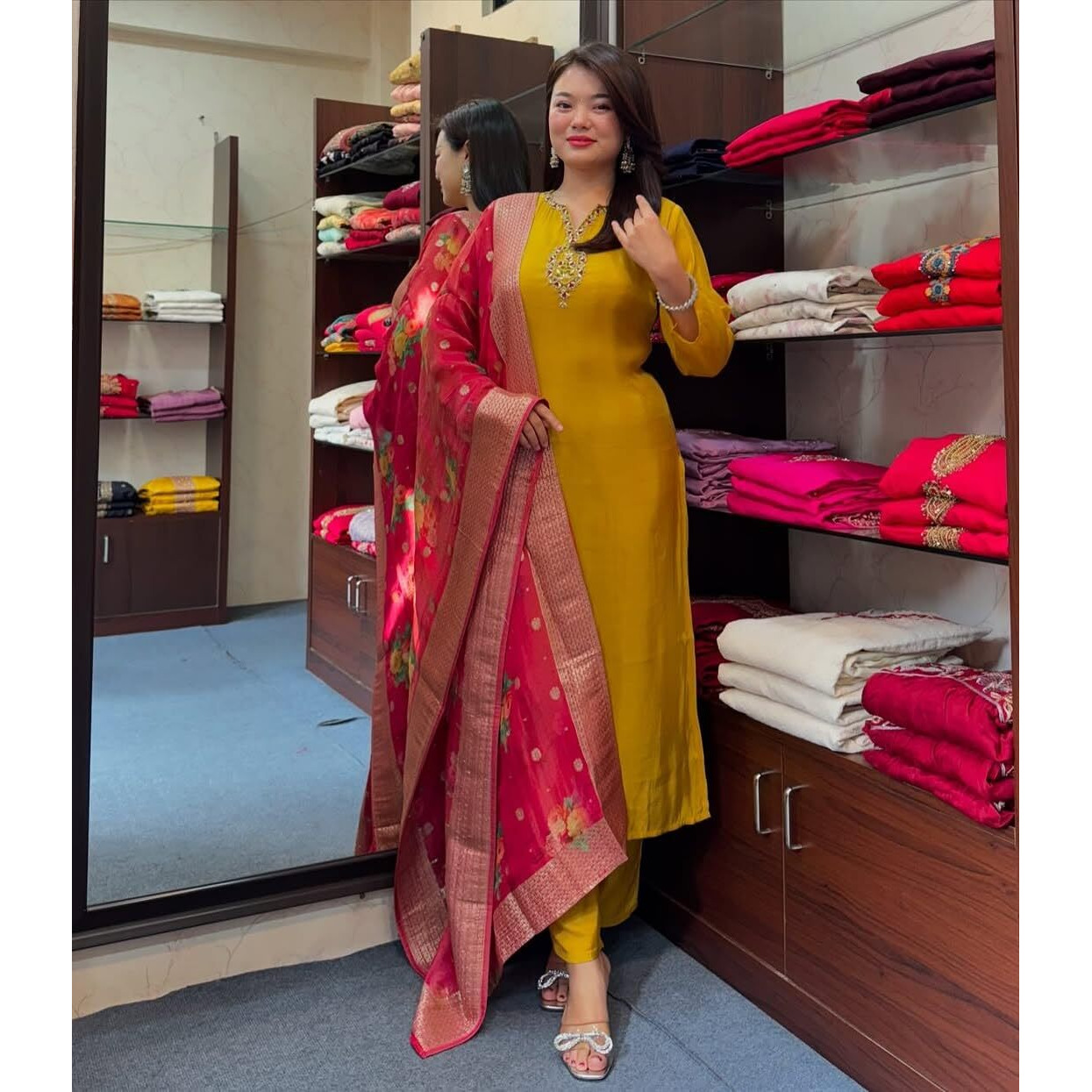 Gosriki Women's Rayon Viscose Embroidered Straight Kurta With Pant & Dupatta (Hatbol Yellow-Gs_Xl_Yellow_X-Large)