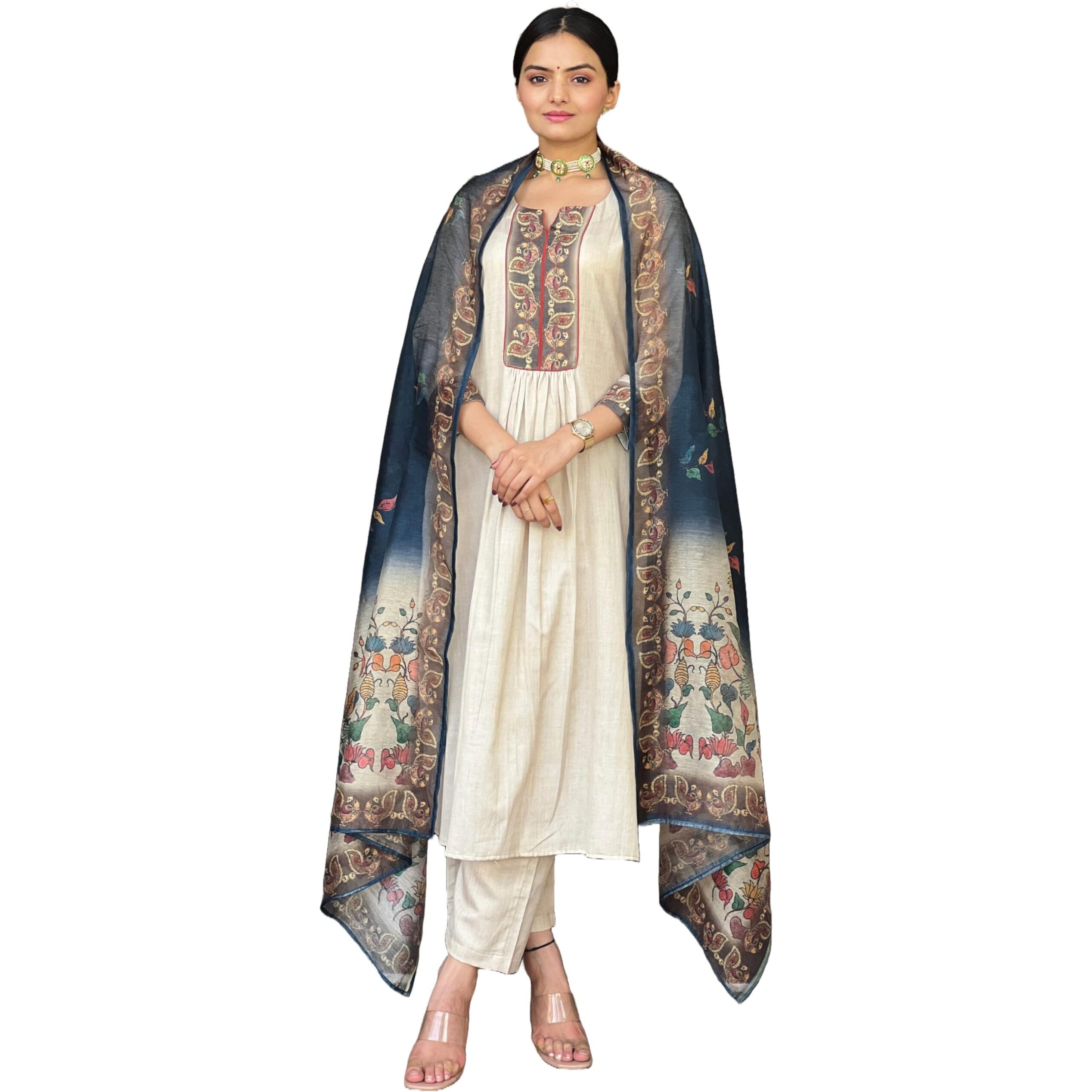 Gosriki Women's Rayon Viscose Straight Printed Kurta With Pant & Dupatta (Ladki Cream-Gs_S_Cream_Small)