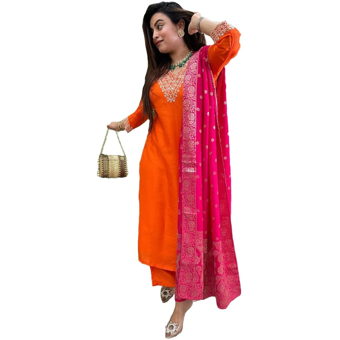 Gosriki Women's Rayon Viscose Embroidered Straight Kurta With Pant & Dupatta (Kalsubai Orange-Gs_S_Orange_Small)