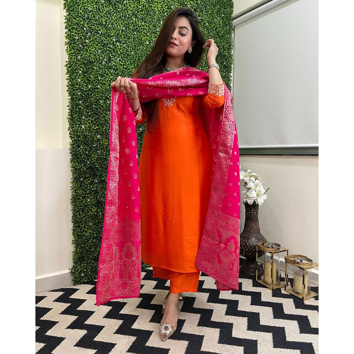 Gosriki Women's Rayon Viscose Embroidered Straight Kurta With Pant & Dupatta (Kalsubai Orange-Gs_S_Orange_Small)