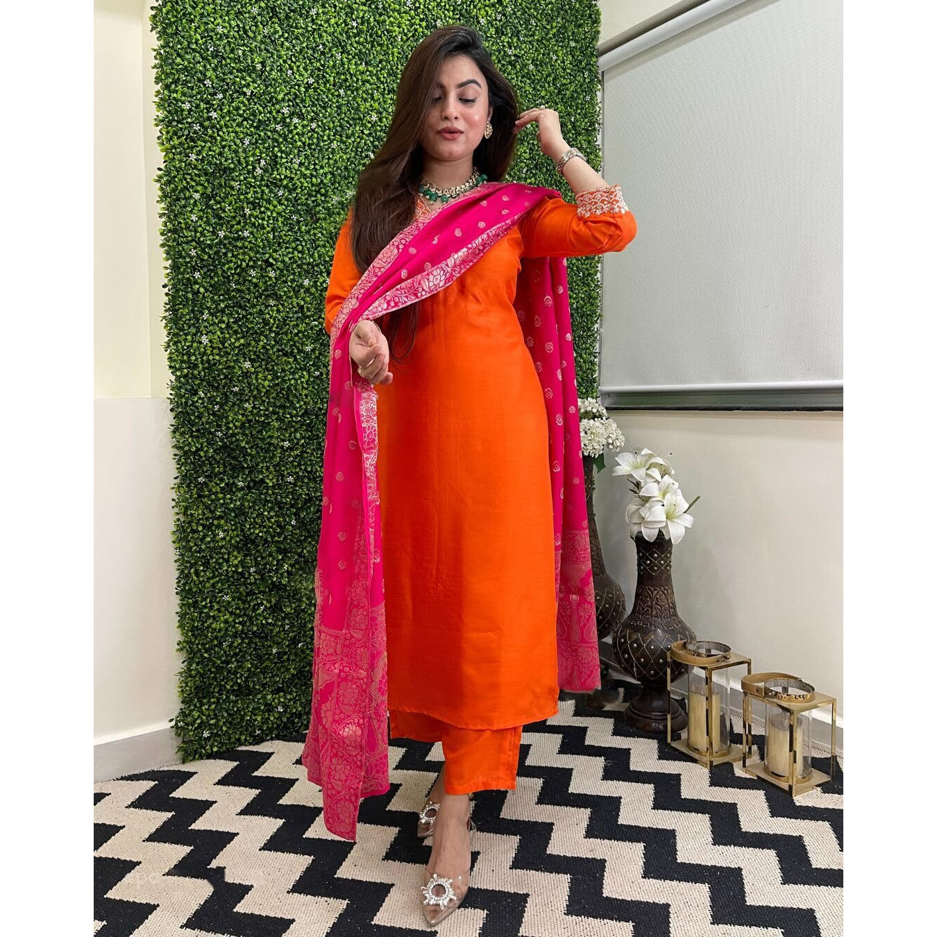 Gosriki Women's Rayon Viscose Embroidered Straight Kurta With Pant & Dupatta (Kalsubai Orange-Gs_S_Orange_Small)