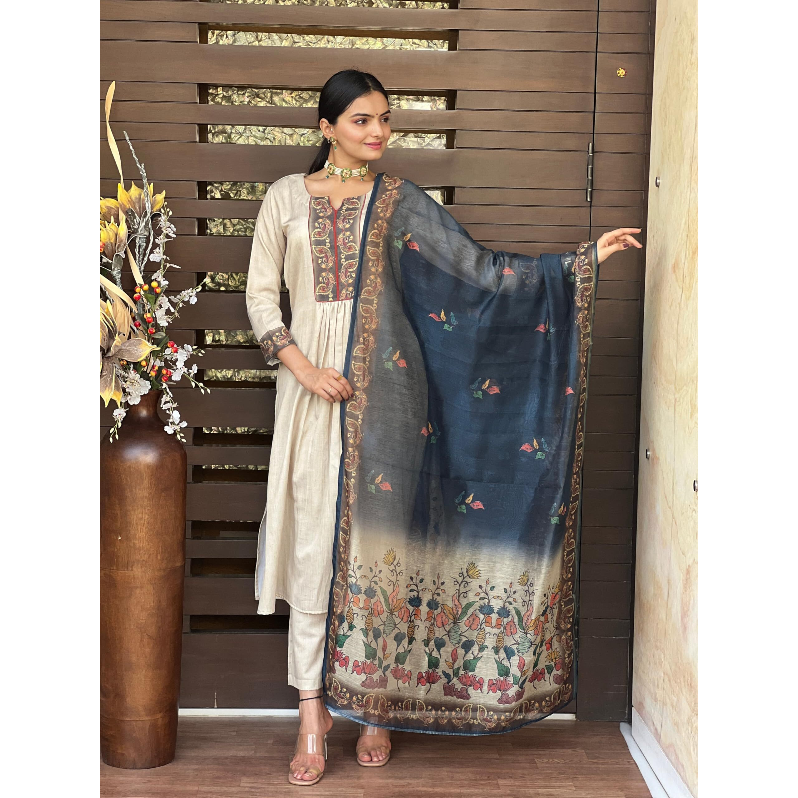 Gosriki Women's Rayon Viscose Straight Printed Kurta With Pant & Dupatta (Ladki Cream-Gs_Xl_Cream_X-Large)