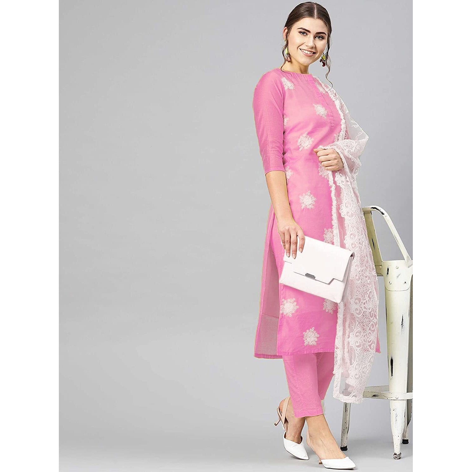Gosriki Women's Cotton Blend Embroidered Straight Kurta With Pant & Dupatta (White Show Baby Pink-Jan02-Gs_S_Light Pink_Small)