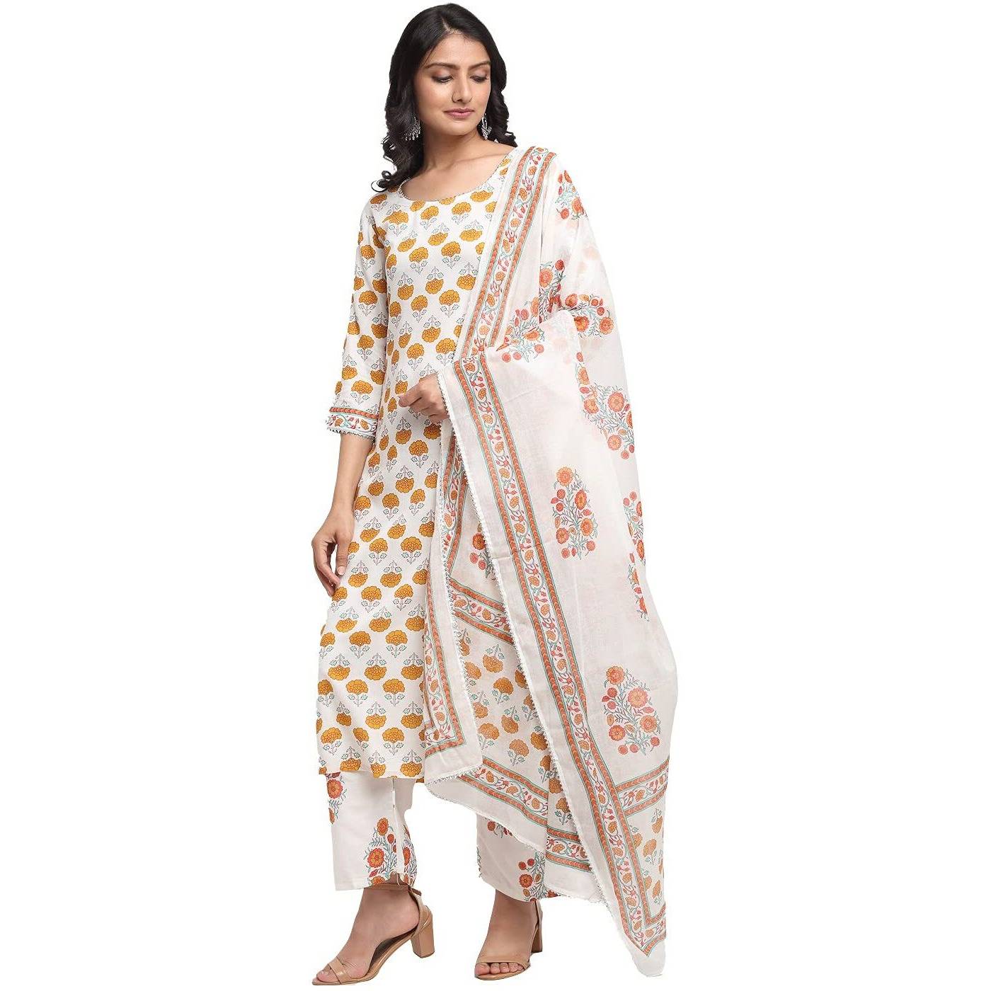 Gosriki Women's Cotton Printed Straight Kurta With Palazzo & Dupatta (Samantha Mustard_Xxl_Mustard_Xx-Large)