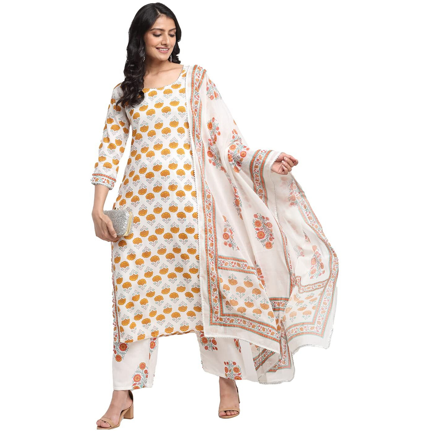 Gosriki Women's Cotton Printed Straight Kurta With Palazzo & Dupatta (Samantha Mustard_Xxl_Mustard_Xx-Large)